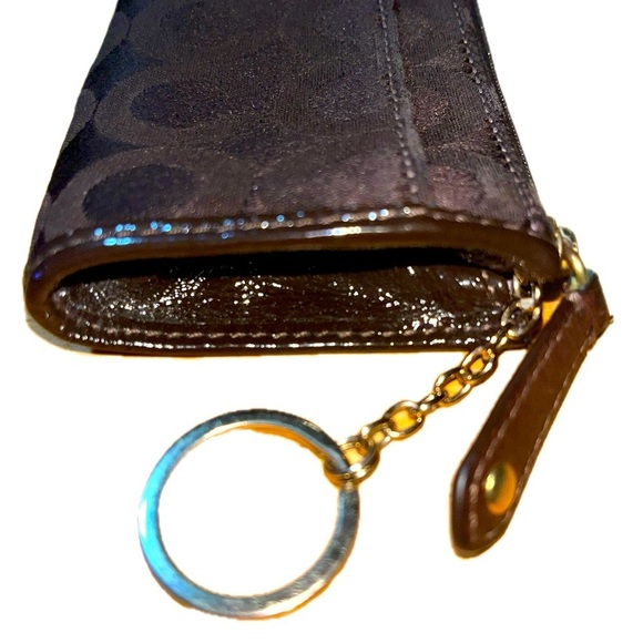 Coach "C" Patent Leather & Fabric Mini Card/Coin Pouch w/Keyring, Zip, Brown - Picture 4 of 9